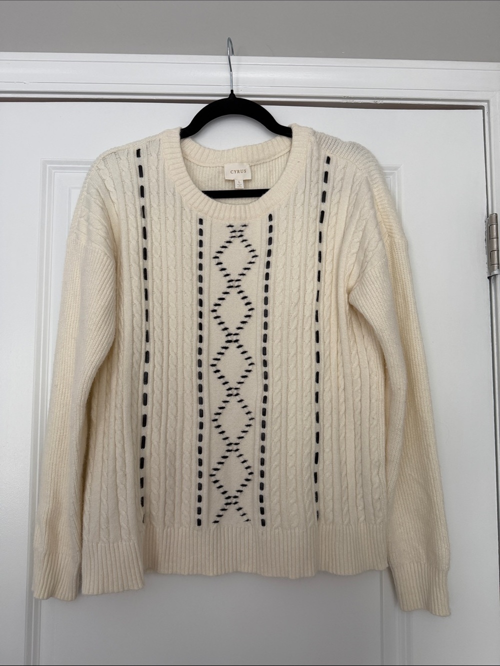 Cyrus Ivory Cable-Knit Crewneck with Black Stitch Detail